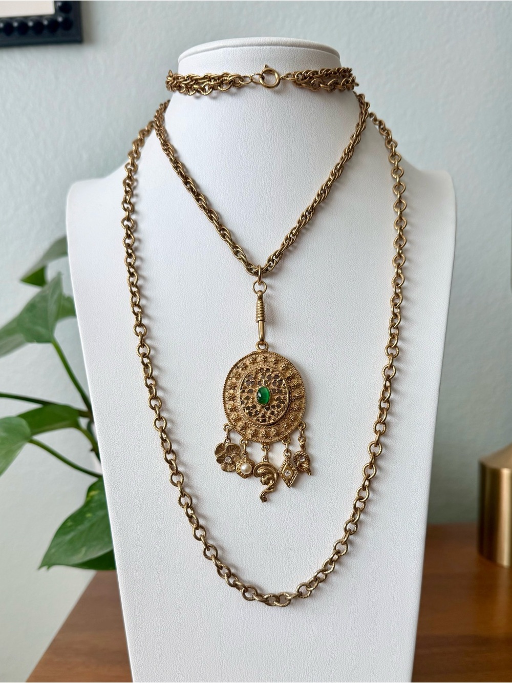 Vintage Goldette? Victorian Revival Pendant Layered Gold Tone Necklace Cabochon